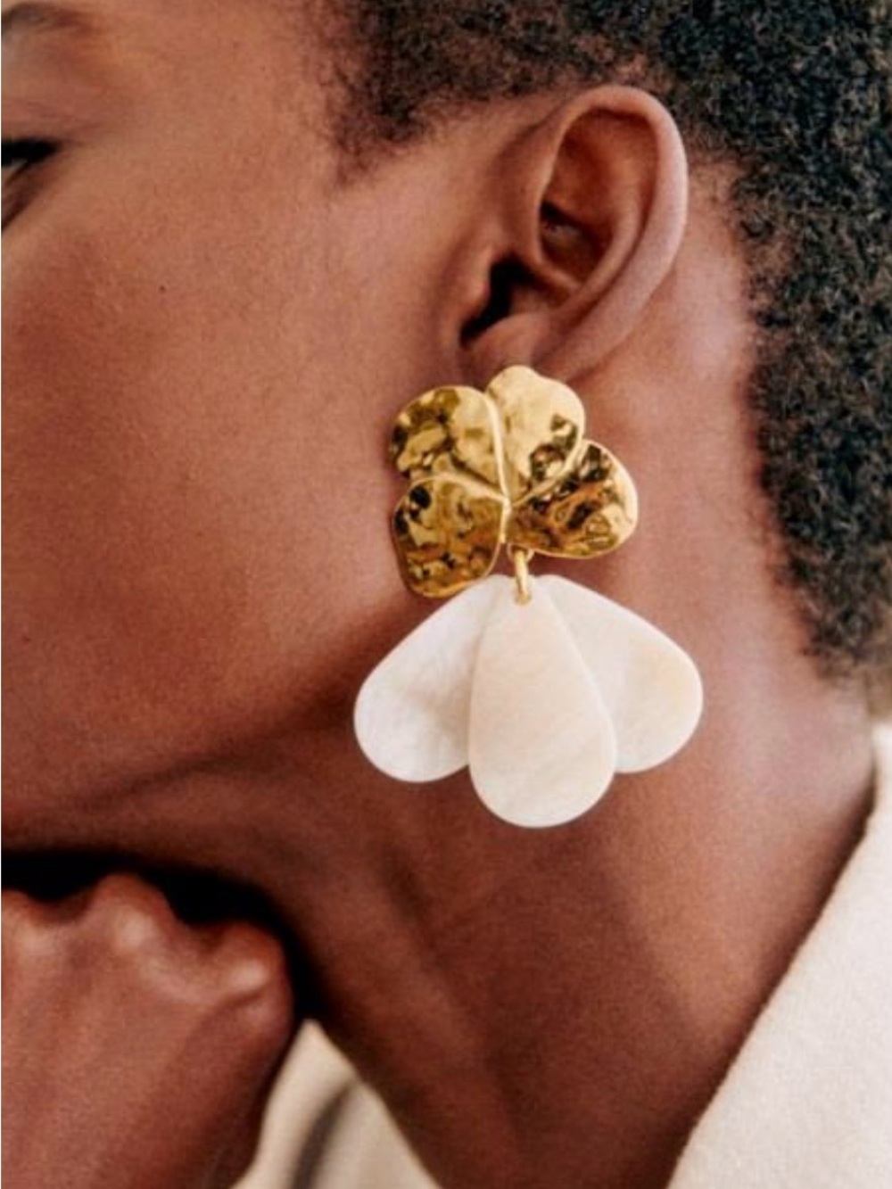 Sezane Gold and Cream Petal Drop Earrings